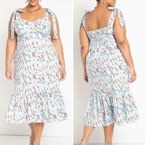 Eloquii Tie‎ Shoulder Structured Midi Dress Blue Multicolored, 16